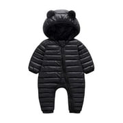 Odeerbi Infant Boys Girls Snowsuits Winter Thermal Puffer Jumpsuit Down Romper Solid Color Long Sleeve Hooded Bodysuit Jacket Outdoor Onesie Climbing Suit Infant Clothes Black